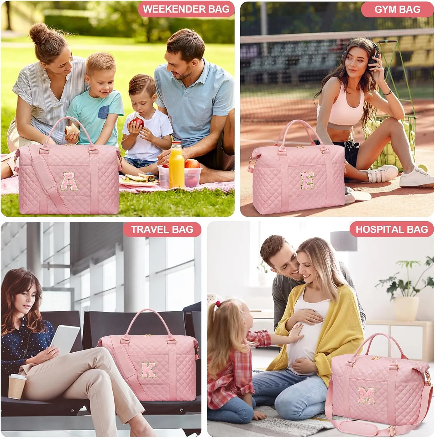 Gift for Women, Initial Travel Duffel ＆ Weekender Bag for Girls, Personalized Carry On Overnight Bag with Makeup Pouch for Gym Hospital(Pink,A)