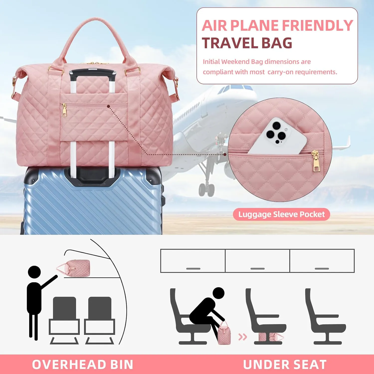 Gift for Women, Initial Travel Duffel ＆ Weekender Bag for Girls, Personalized Carry On Overnight Bag with Makeup Pouch for Gym Hospital(Pink,A)