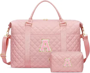 Gift for Women, Initial Travel Duffel ＆ Weekender Bag for Girls, Personalized Carry On Overnight Bag with Makeup Pouch for Gym Hospital(Pink,A)