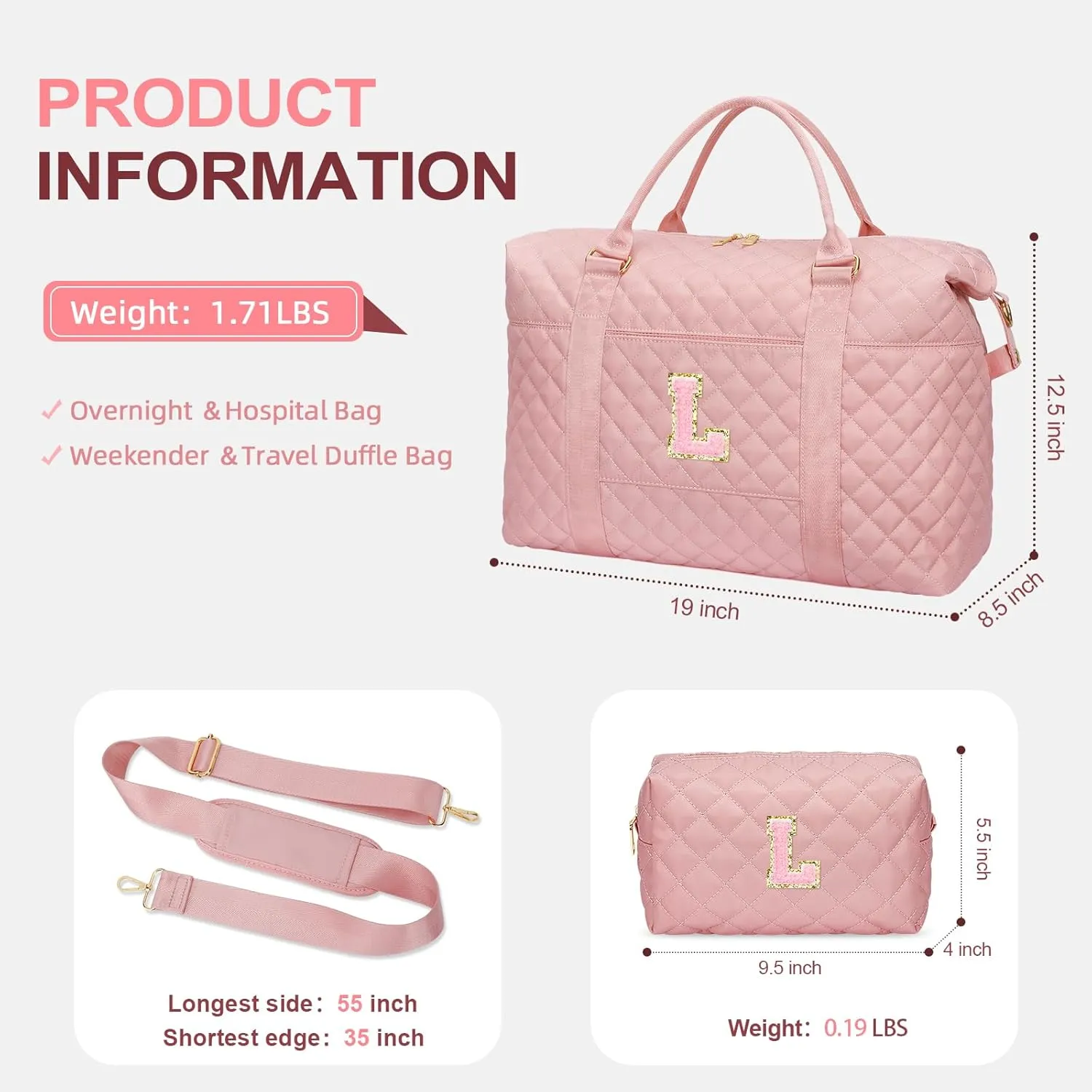Gift for Women, Initial Travel Duffel ＆ Weekender Bag for Girls, Personalized Carry On Overnight Bag with Makeup Pouch for Gym Hospital(Pink,L)