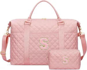 Gift for Women, Initial Travel Duffel ＆ Weekender Bag for Girls, Personalized Carry On Overnight Bag with Makeup Pouch for Gym Hospital(Pink,S)
