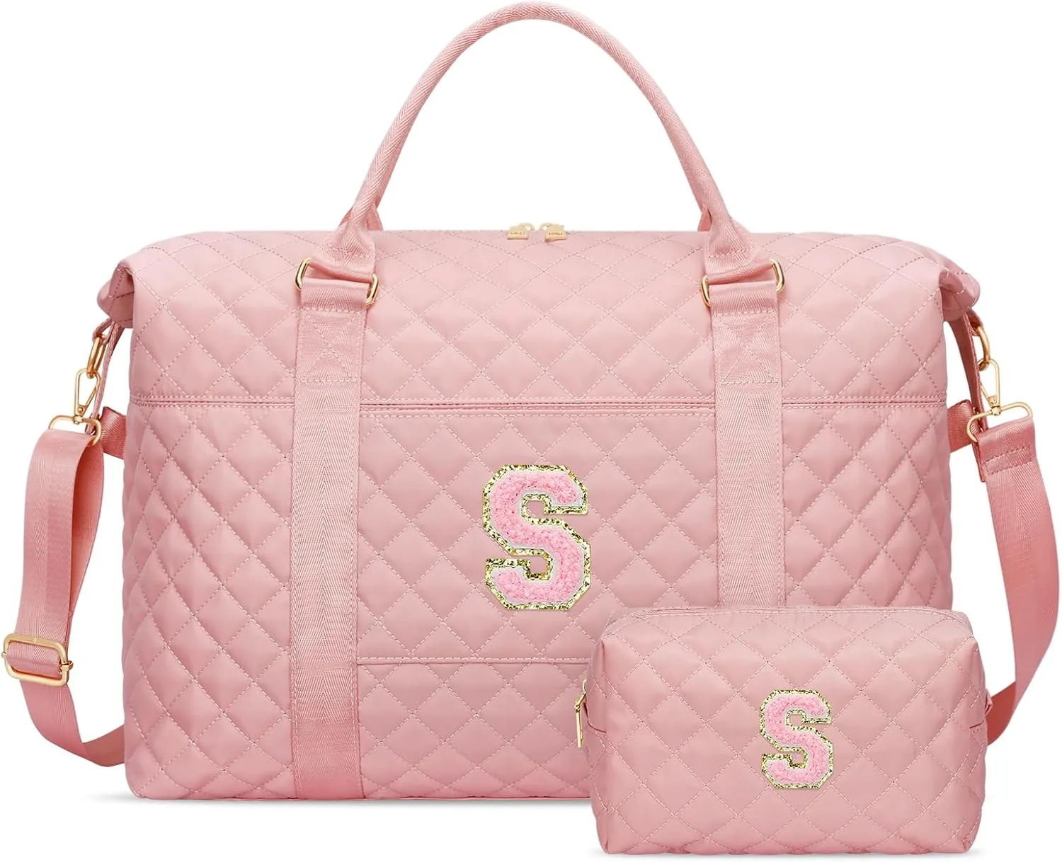 Gift for Women, Initial Travel Duffel ＆ Weekender Bag for Girls, Personalized Carry On Overnight Bag with Makeup Pouch for Gym Hospital(Pink,S)