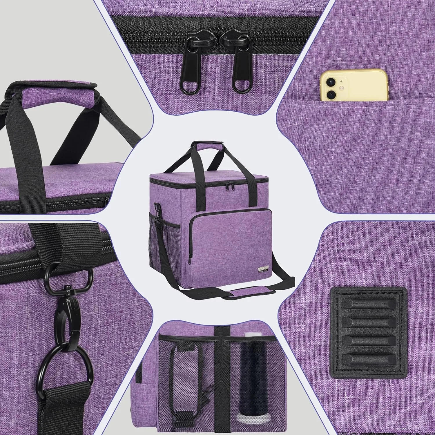 GMAK Serger Carrying Case, Universal Serger Storage Bag with Base Padding Pad, Storage Pockets, Travel Case with Shoulder Strap for Most Standard Overlock Sewing Machines and Accessories, Purple