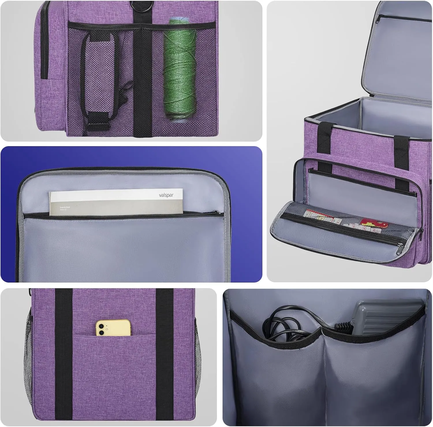 GMAK Serger Carrying Case, Universal Serger Storage Bag with Base Padding Pad, Storage Pockets, Travel Case with Shoulder Strap for Most Standard Overlock Sewing Machines and Accessories, Purple