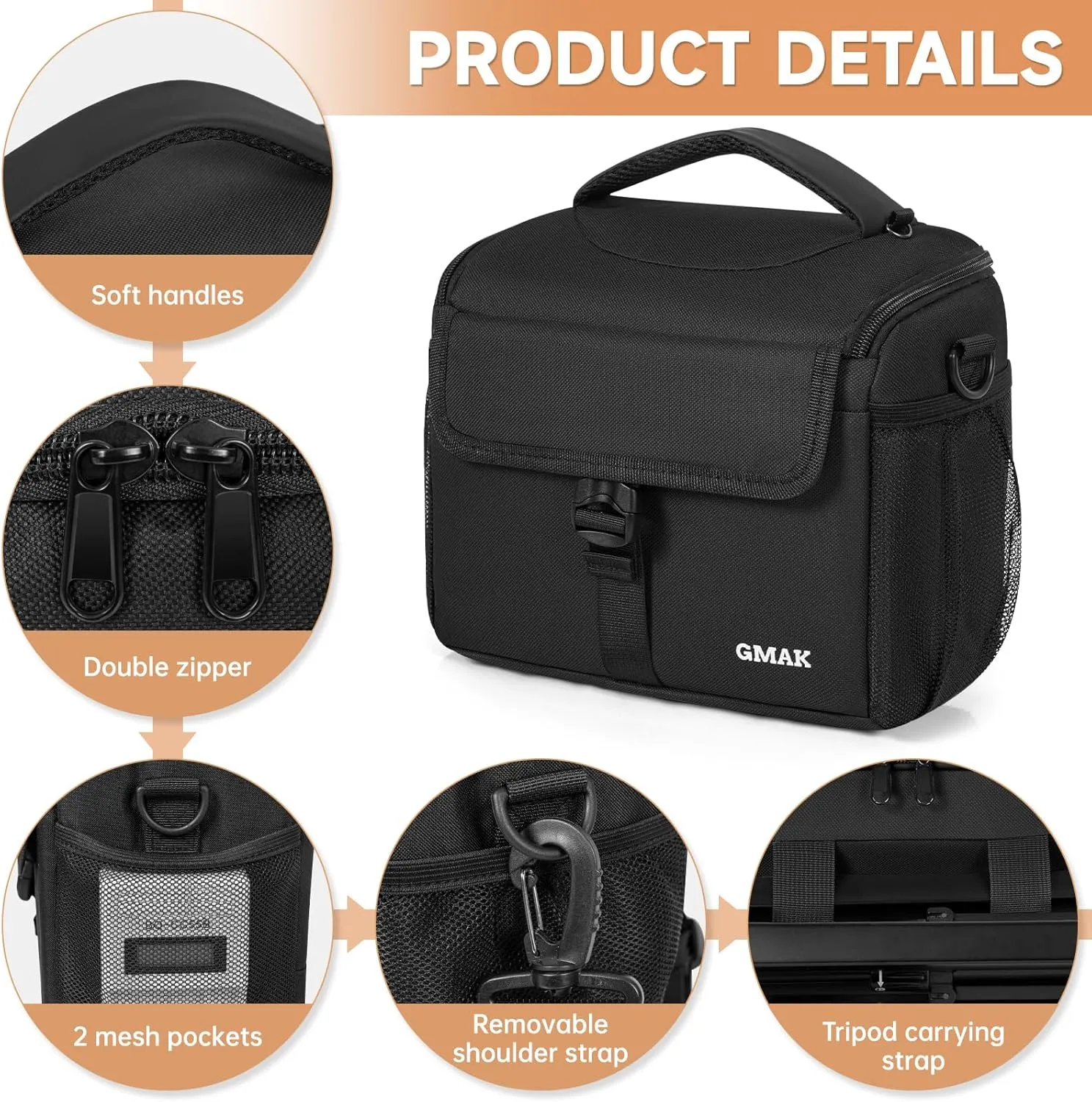 GMAK Waterproof Camera Bag for Photographers, Anti-shock Camera Shoulder Bags with Water-resistant Rain Cover, Camera Case Compatible for DSLR/SLR/Mirrorless Cameras, 9'' × 4.7'' × 7.5'', Black