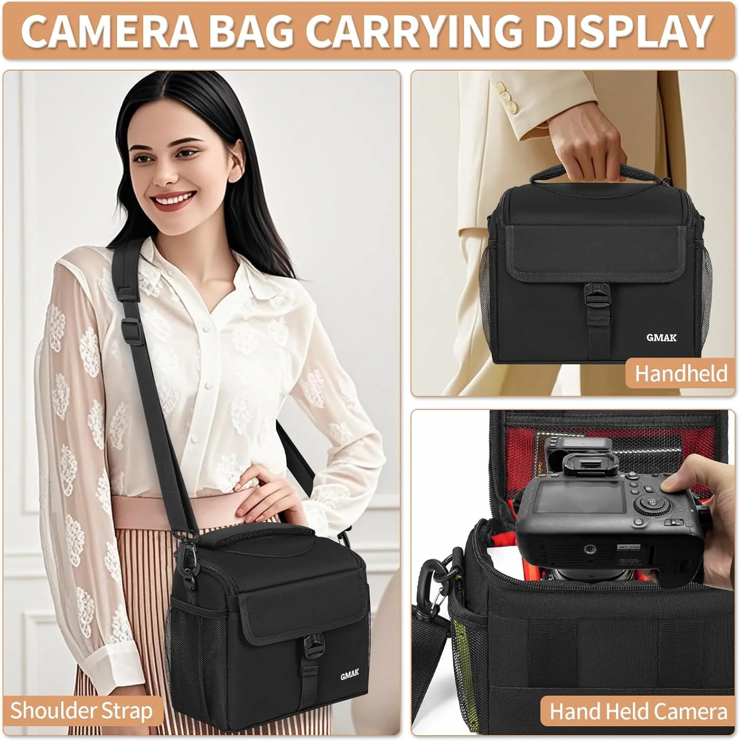 GMAK Waterproof Camera Bag for Photographers, Anti-shock Camera Shoulder Bags with Water-resistant Rain Cover, Camera Case Compatible for DSLR/SLR/Mirrorless Cameras, 9'' × 4.7'' × 7.5'', Black