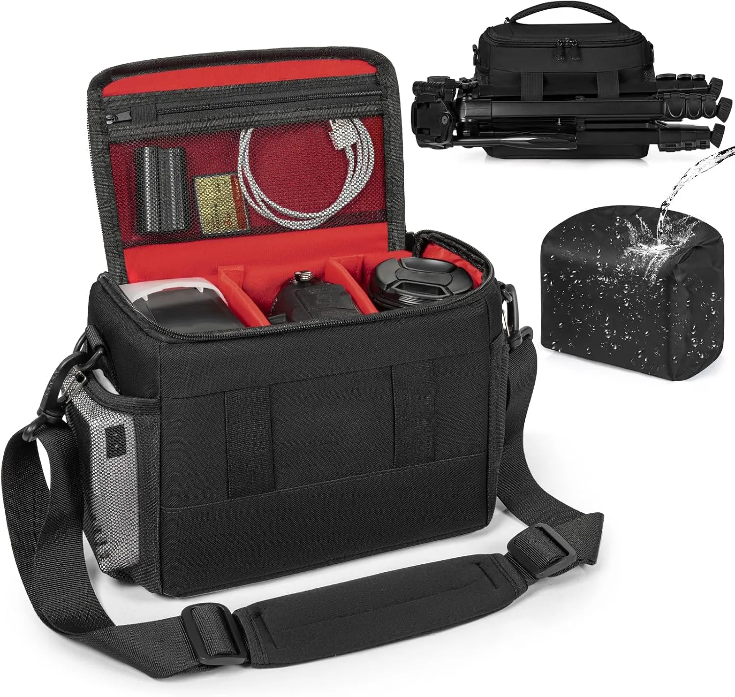 GMAK Waterproof Camera Bag for Photographers, Anti-shock Camera Shoulder Bags with Water-resistant Rain Cover, Camera Case Compatible for DSLR/SLR/Mirrorless Cameras, 9'' × 4.7'' × 7.5'', Black