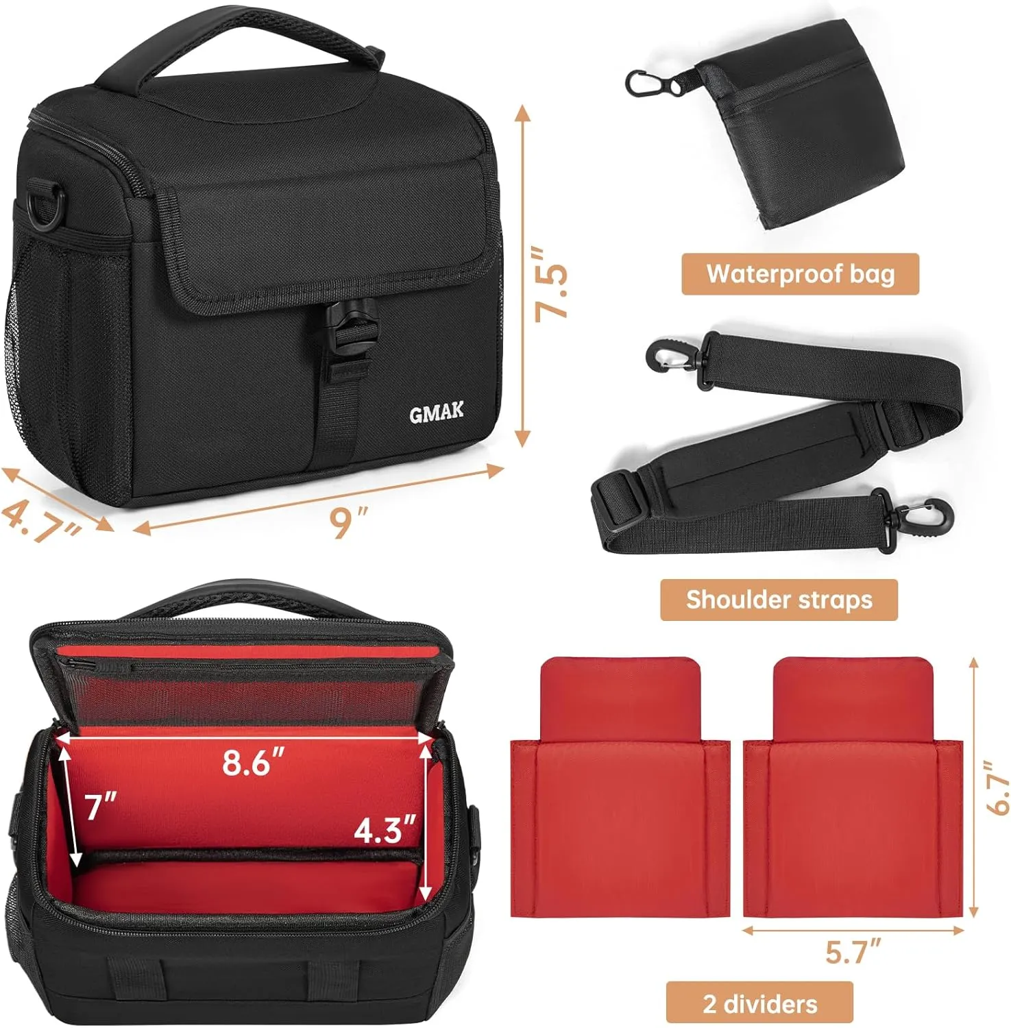 GMAK Waterproof Camera Bag for Photographers, Anti-shock Camera Shoulder Bags with Water-resistant Rain Cover, Camera Case Compatible for DSLR/SLR/Mirrorless Cameras, 9'' × 4.7'' × 7.5'', Black