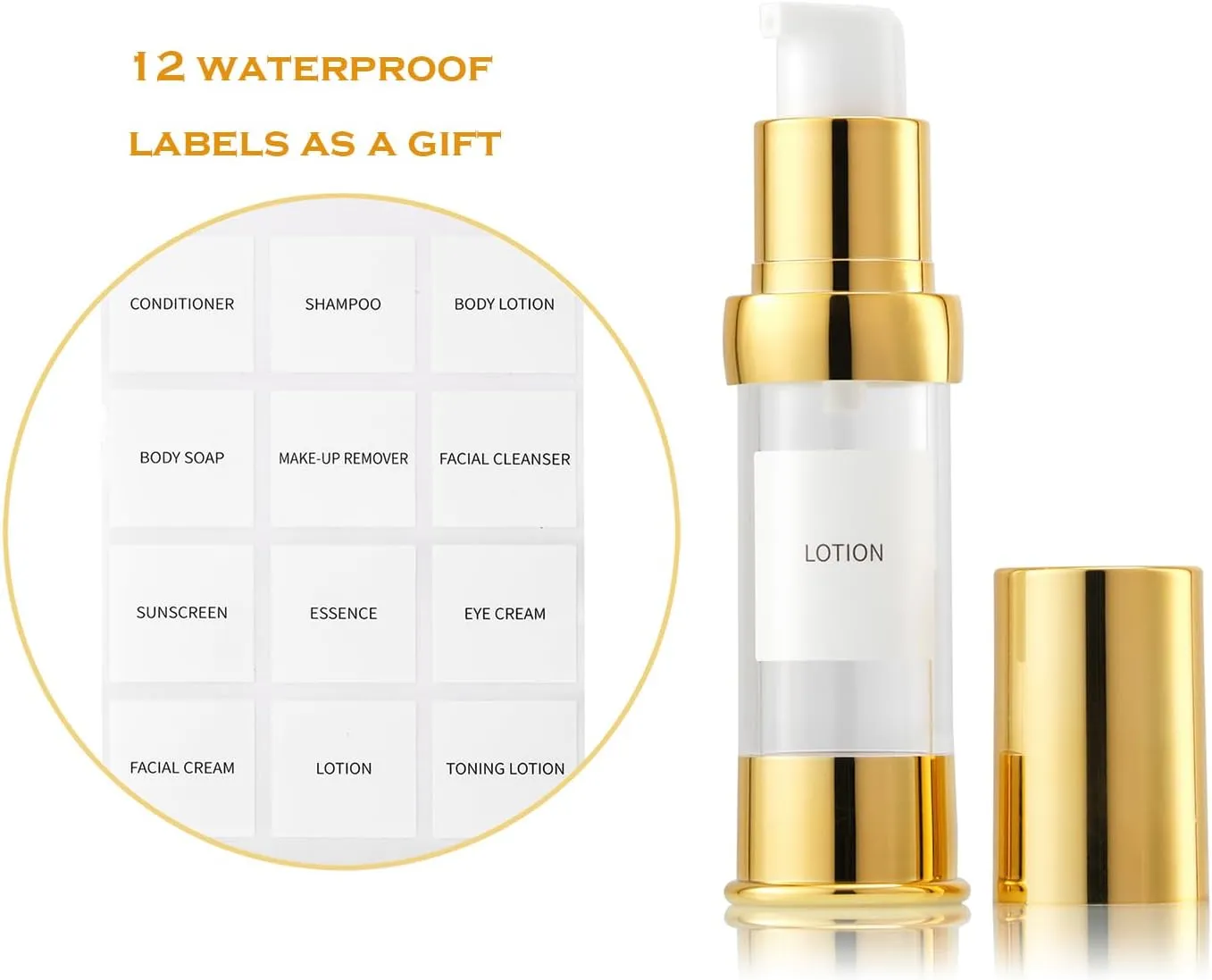 Gold 15ML Airless Pump Bottle Toiletries Travel Size containers mini Makeup Bottle Dispenser with Box Reusable Empty Cosmetic Packaging Bottles (0.5 oz/15 ml, 4 Packs)