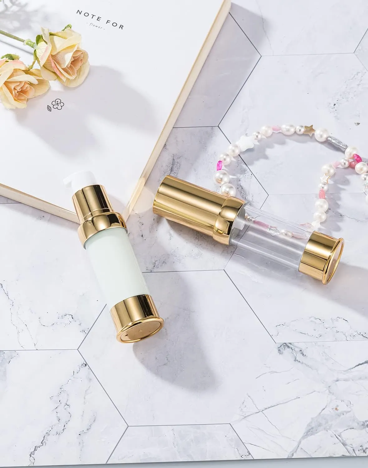 Gold 15ML Airless Pump Bottle Toiletries Travel Size containers mini Makeup Bottle Dispenser with Box Reusable Empty Cosmetic Packaging Bottles (0.5 oz/15 ml, 4 Packs)
