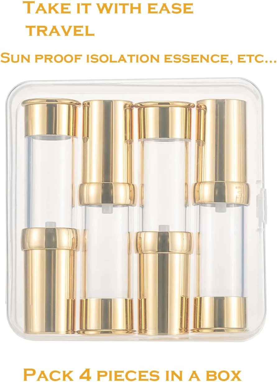 Gold 15ML Airless Pump Bottle Toiletries Travel Size containers mini Makeup Bottle Dispenser with Box Reusable Empty Cosmetic Packaging Bottles (0.5 oz/15 ml, 4 Packs)