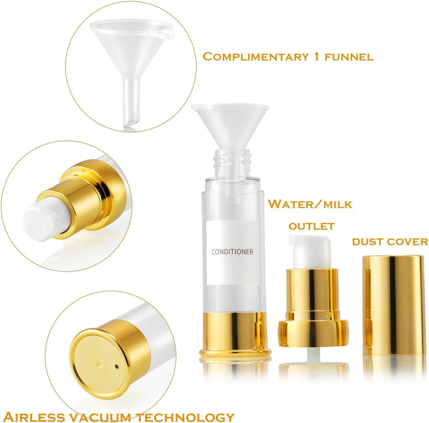 Gold 15ML Airless Pump Bottle Toiletries Travel Size containers mini Makeup Bottle Dispenser with Box Reusable Empty Cosmetic Packaging Bottles (0.5 oz/15 ml, 4 Packs)