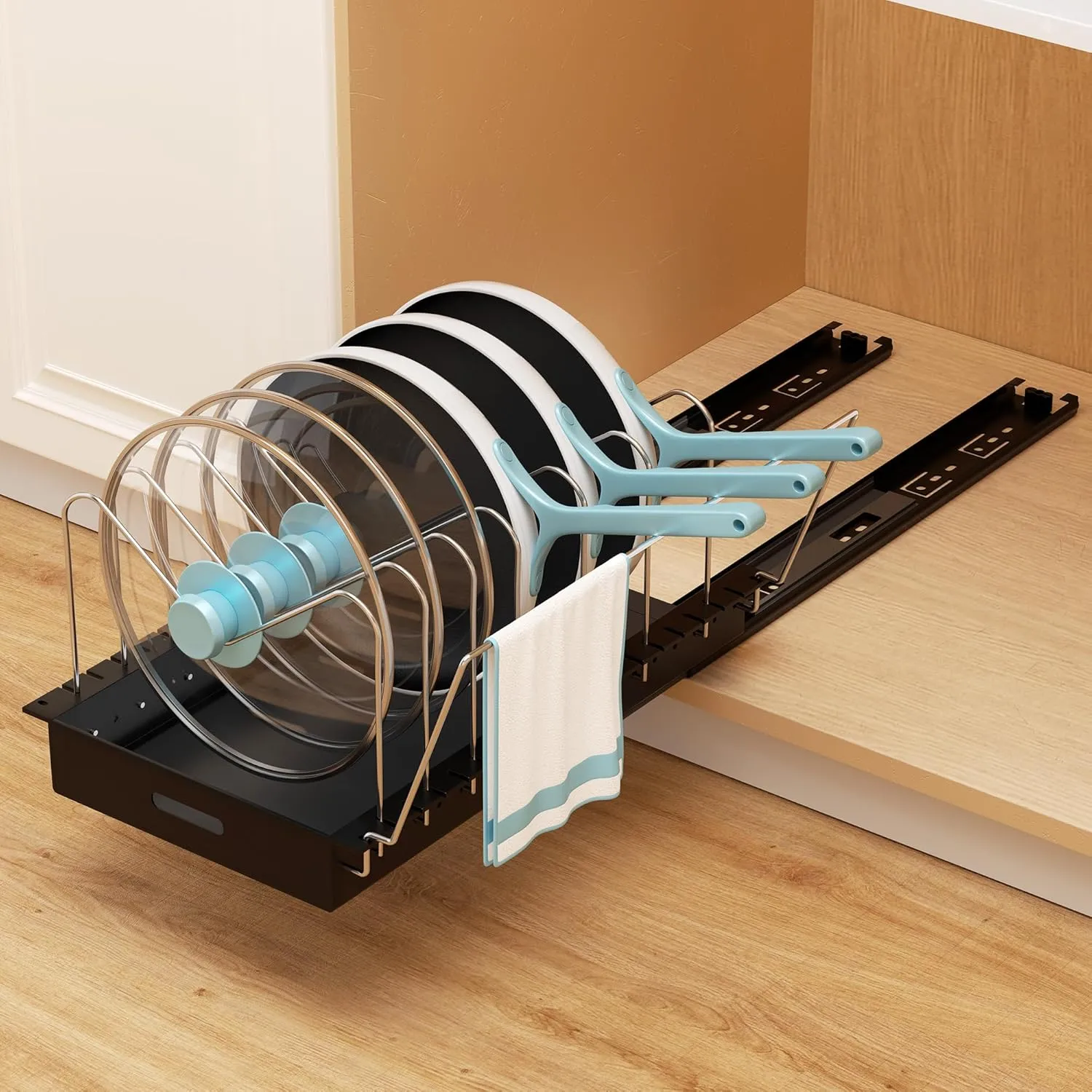 Golener Pots and Pans Organizer Under Cabinet - Slide-Out Pan Organizer with Adjustable Dividers & Handle Bracket, No Drill Pot Lid Organizer, Pan Organizers Inside Cabinet for Kitchen Storage, 1 Pack