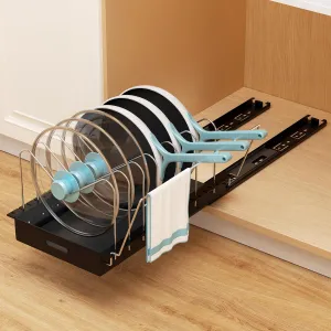 Golener Pots and Pans Organizer Under Cabinet - Slide-Out Pan Organizer with Adjustable Dividers & Handle Bracket, No Drill Pot Lid Organizer, Pan Organizers Inside Cabinet for Kitchen Storage, 1 Pack