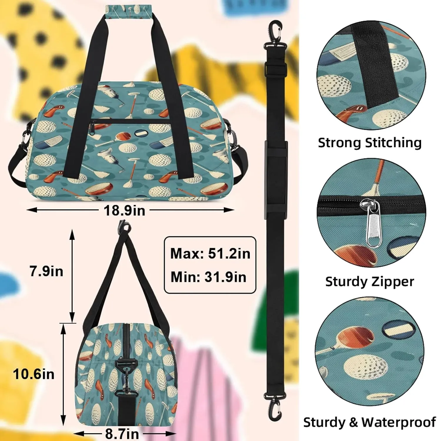 Golf Ball Sports Theme Small Gym Bag 18 inch Carry On Duffel Bag for Weekender Travel Sports Workout Yoga Gymnastics Dance Ballet