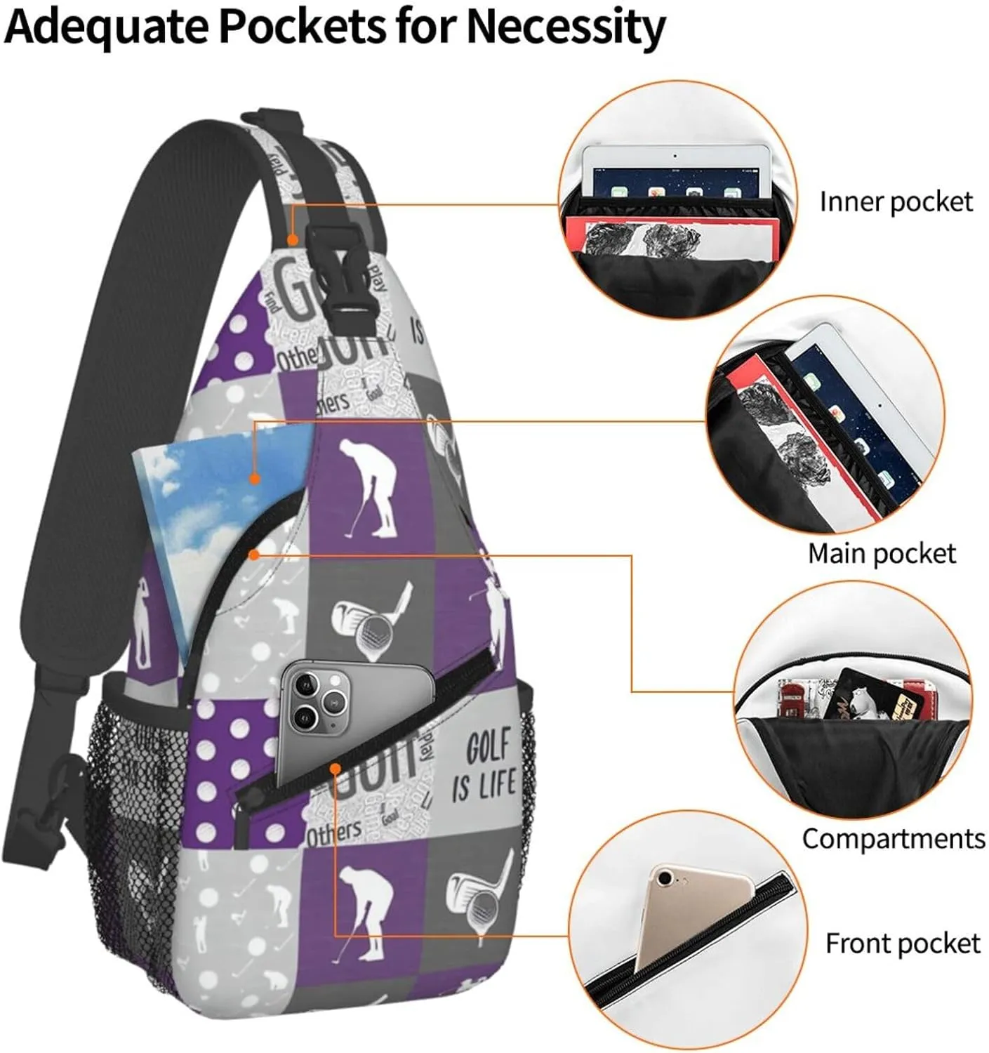 Golf Print Sling Bags Crossbody Backpack Hiking Daypack Multipurpose Golf Chest Bag for Women Men