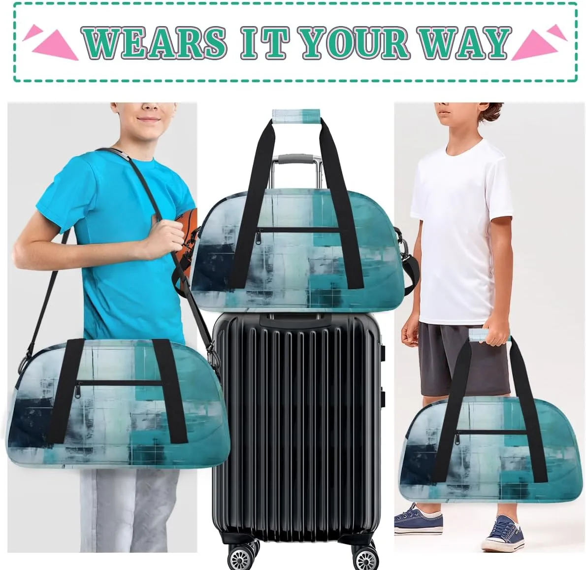 Green Turquoise Boys Girls Gym Bag Dance Perform Training Duffel Bags Weekender Carry-On Tote Luggage Bag Ideal for School Practice or Overnight Trips