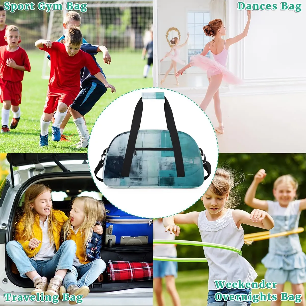 Green Turquoise Boys Girls Gym Bag Dance Perform Training Duffel Bags Weekender Carry-On Tote Luggage Bag Ideal for School Practice or Overnight Trips