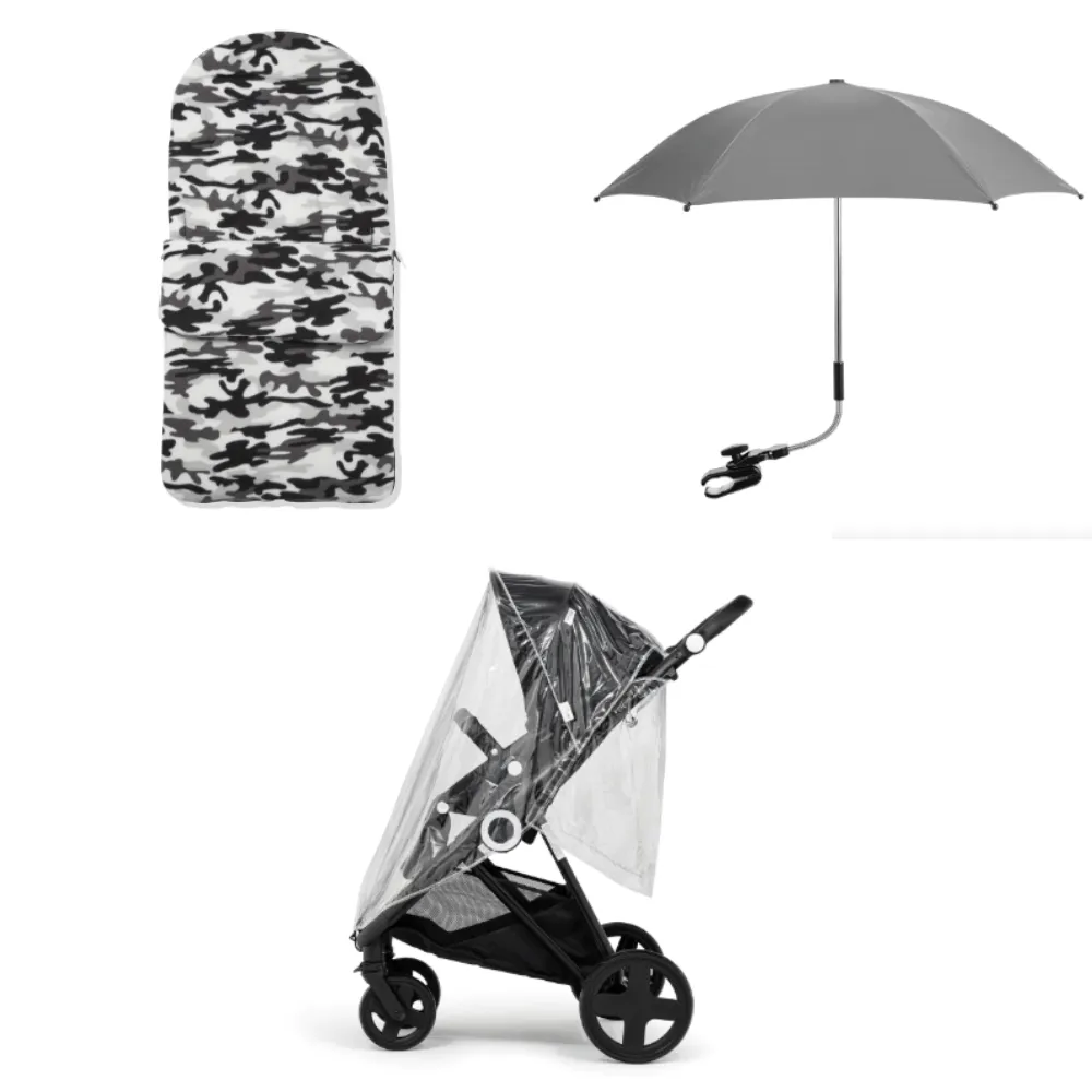 Grey Camouflage Footmuff, Parasol and Universal Rain cover Pushchair Bundle