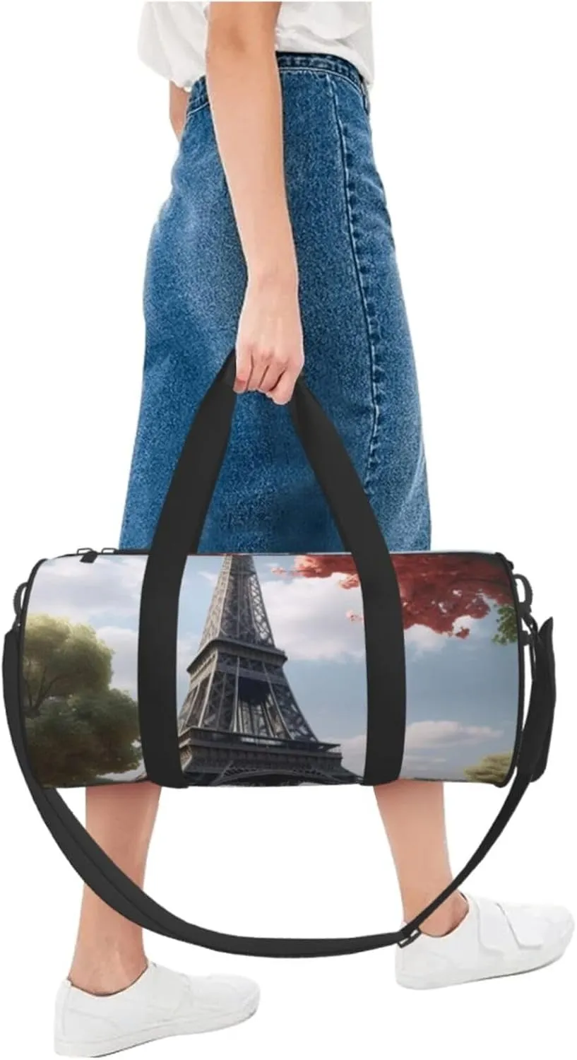 Grey Paris Eiffel Tower Printed Travel Bag,Round Personal Item Storage bag,Foldie Duffel Bag for Traveling Vacation,Fitness,Sports
