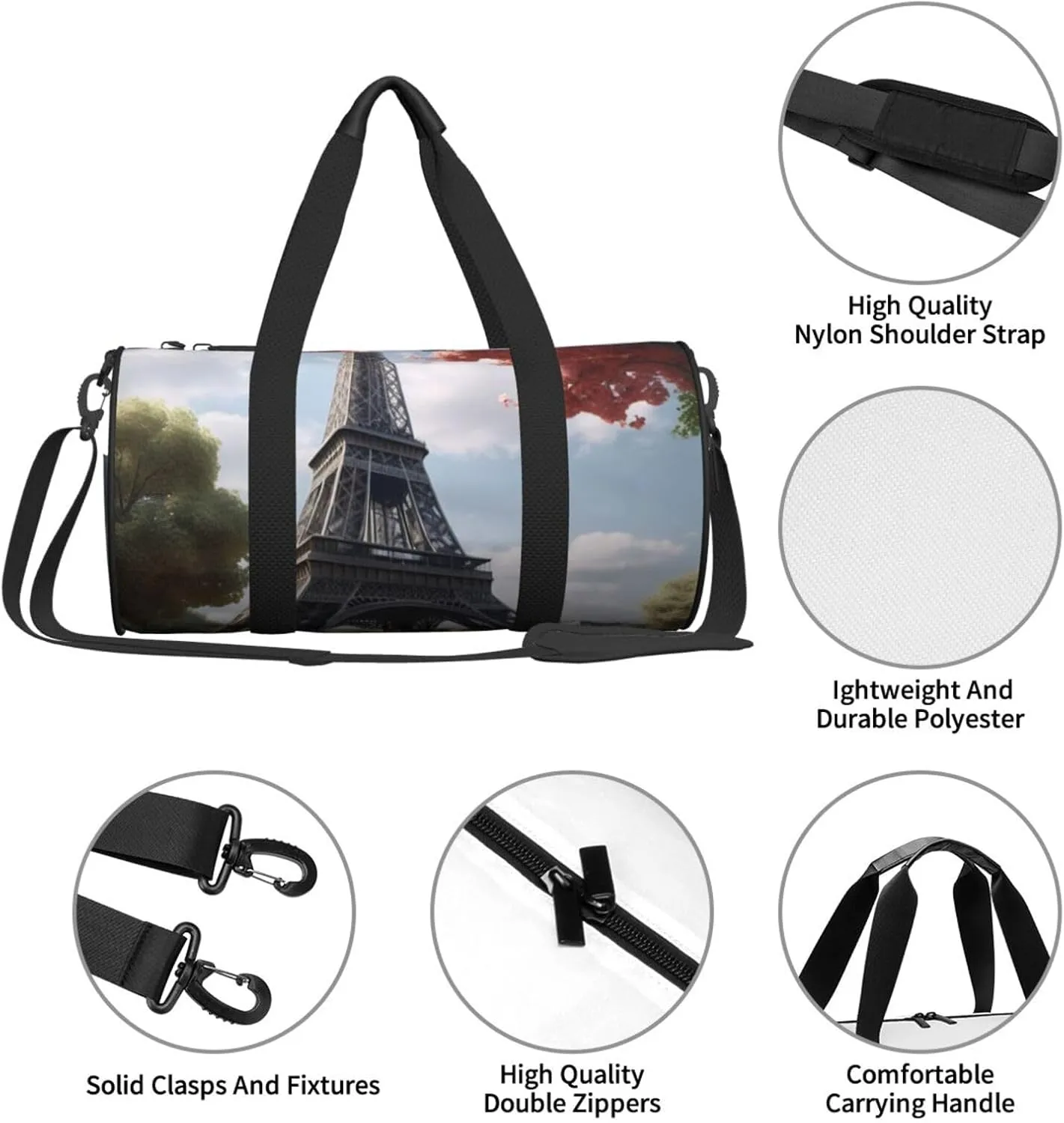 Grey Paris Eiffel Tower Printed Travel Bag,Round Personal Item Storage bag,Foldie Duffel Bag for Traveling Vacation,Fitness,Sports