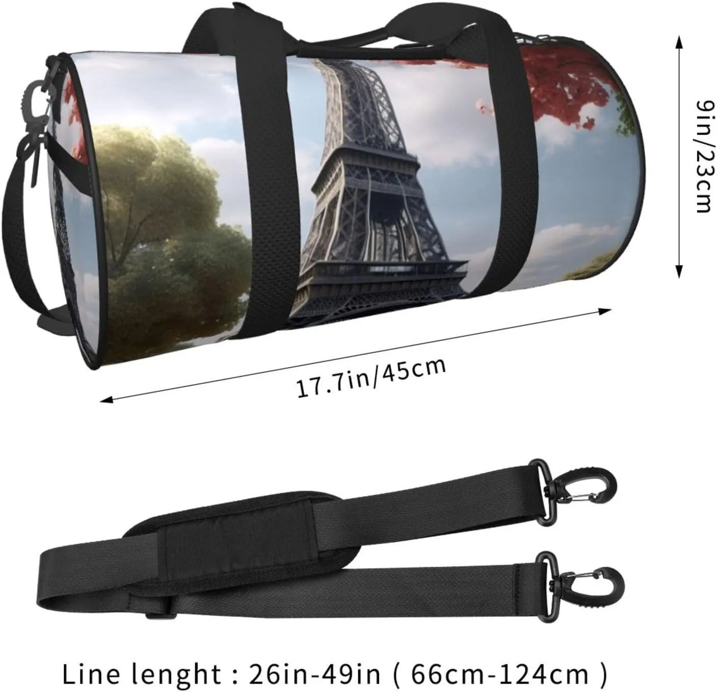 Grey Paris Eiffel Tower Printed Travel Bag,Round Personal Item Storage bag,Foldie Duffel Bag for Traveling Vacation,Fitness,Sports