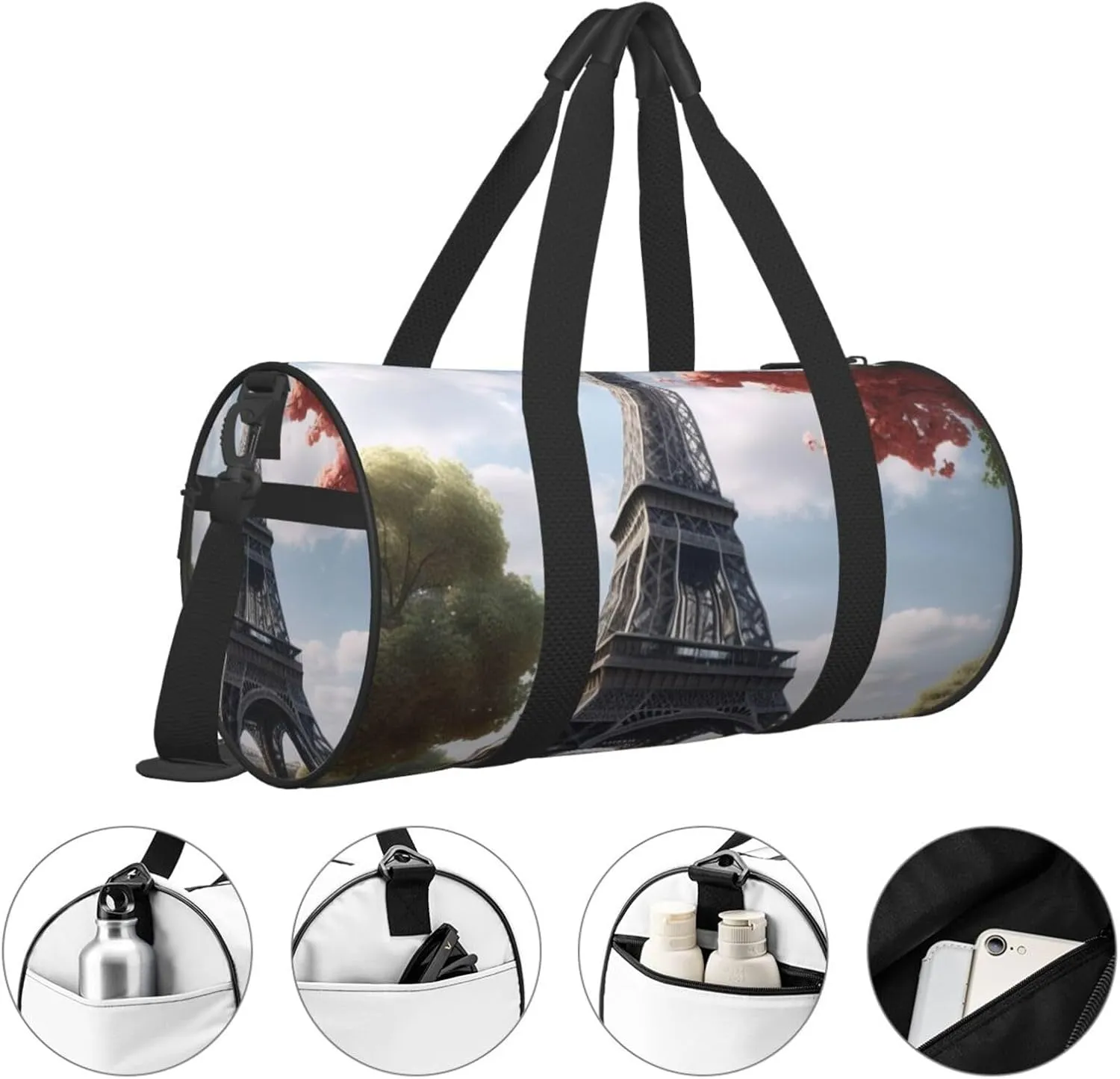 Grey Paris Eiffel Tower Printed Travel Bag,Round Personal Item Storage bag,Foldie Duffel Bag for Traveling Vacation,Fitness,Sports