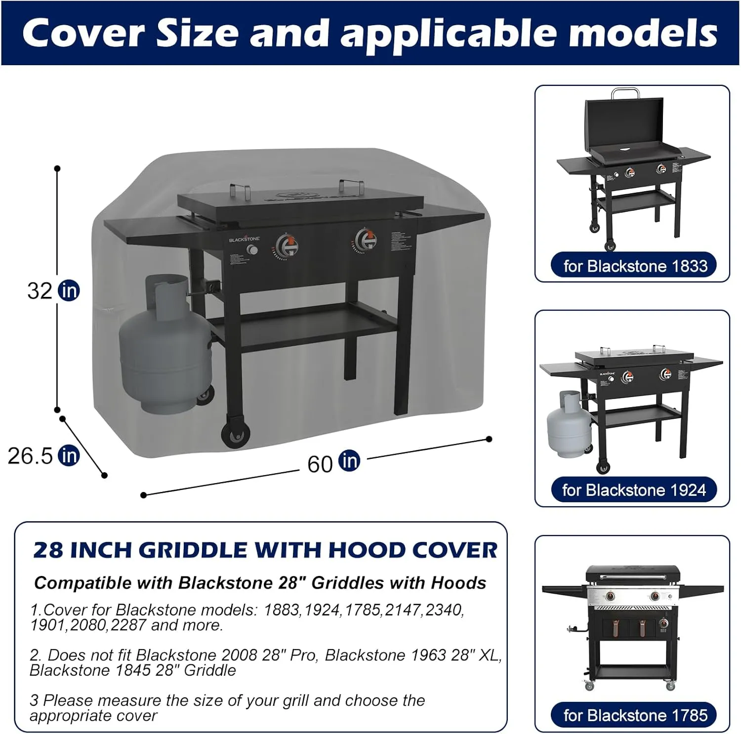 Griddle Cover for Blackstone 28 Inch Griddle Cooking Station with Hood, for Blackstone 1883, 1924 and More, Waterproof Oxford Grill Cover - Only Cover