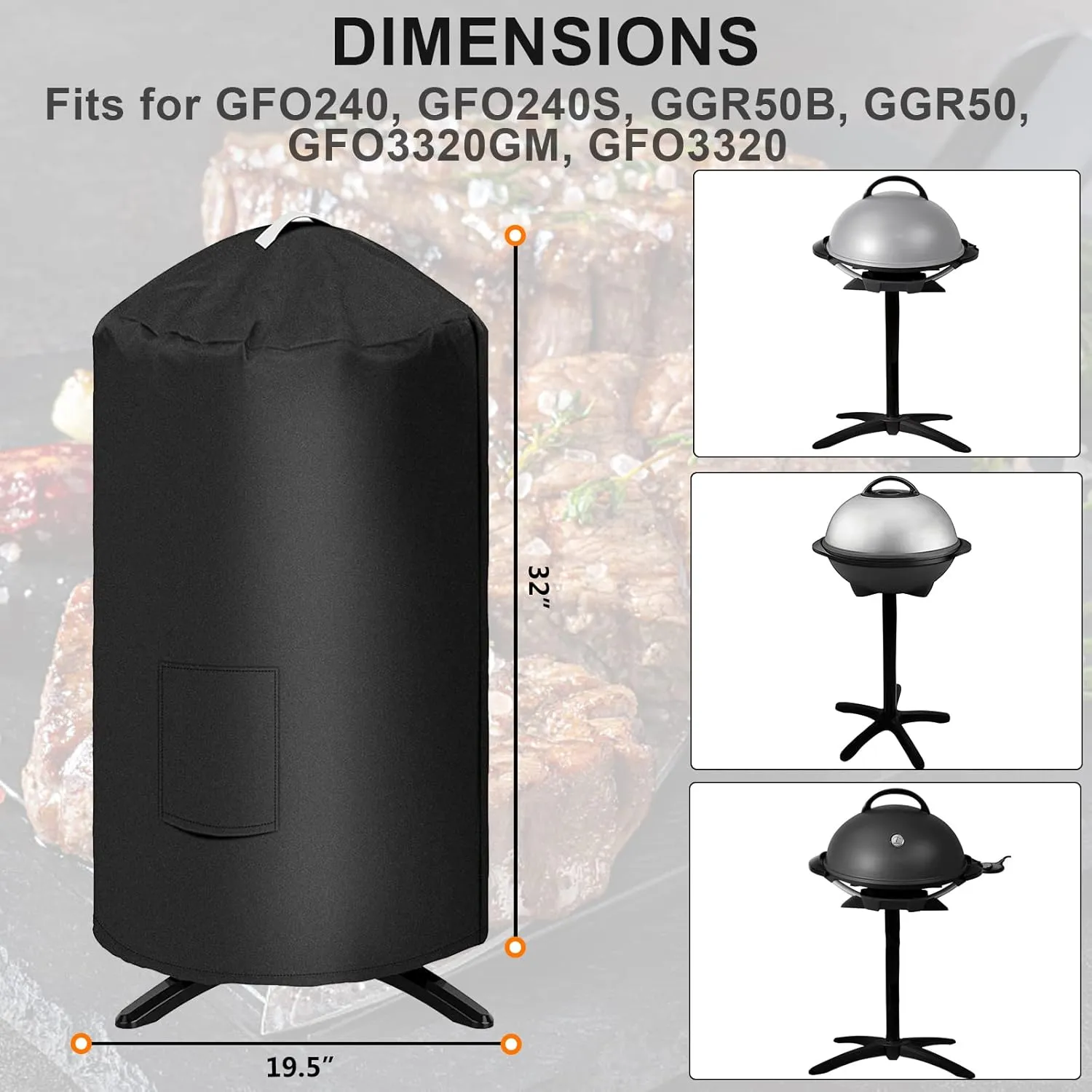 Grisun Grill Cover for George Foreman GGR50B, GFO3320, GFO240 Electric Grill, Anti-Fade Waterproof Round Grill Cover, Handle for Easy Taking Off, Full-Length Wrap Protection