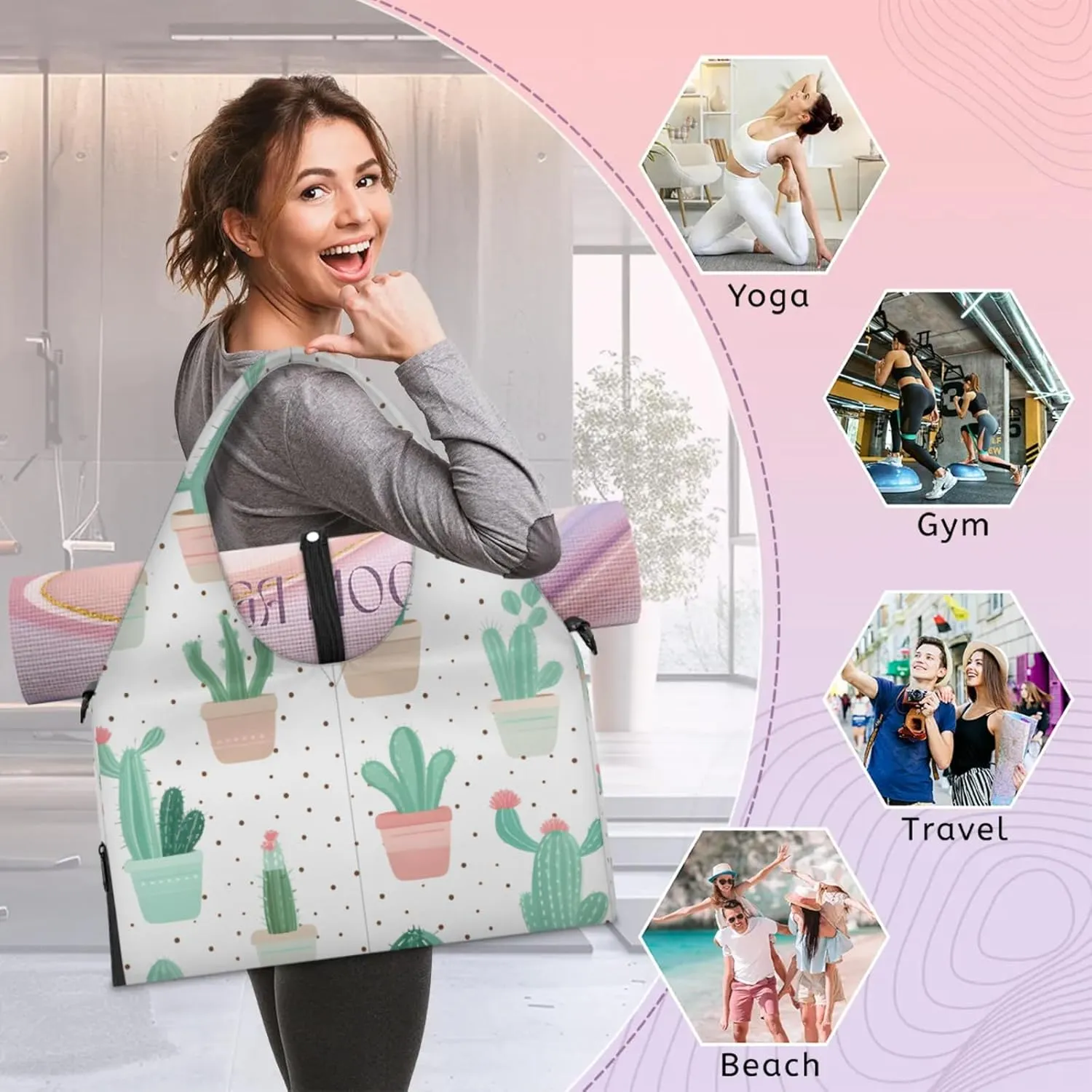 Gym Bag for Women Cactus Plants Duffel Bag with Shoe Compartment and Yoga Mat Holder Portable Weekender Bags Travel Tote Bags