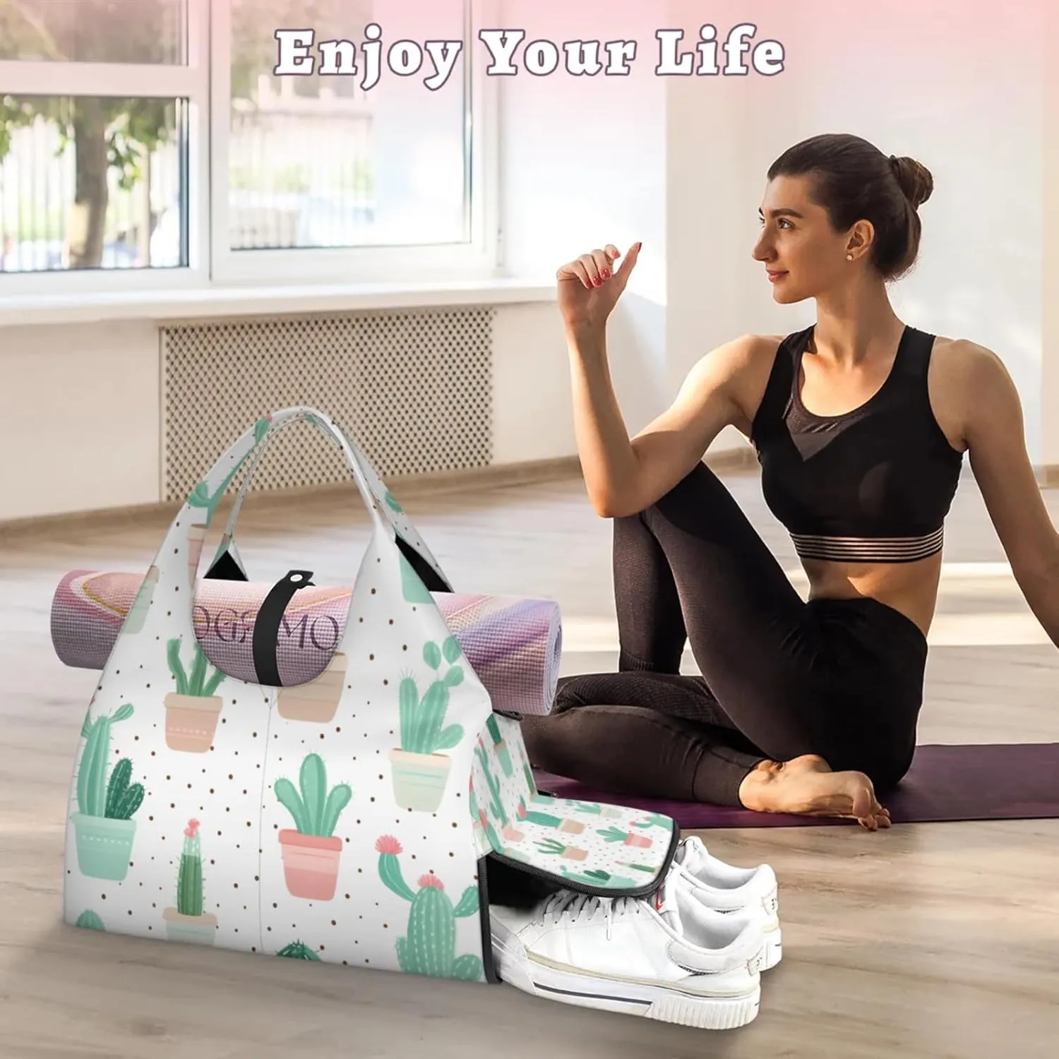 Gym Bag for Women Cactus Plants Duffel Bag with Shoe Compartment and Yoga Mat Holder Portable Weekender Bags Travel Tote Bags
