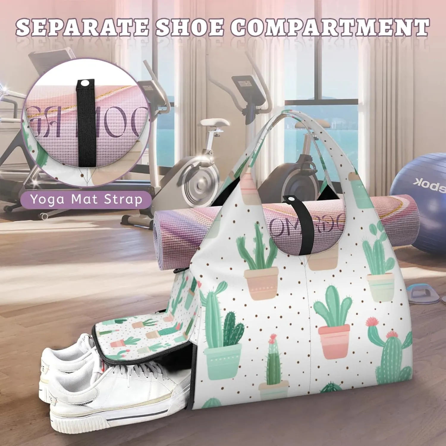 Gym Bag for Women Cactus Plants Duffel Bag with Shoe Compartment and Yoga Mat Holder Portable Weekender Bags Travel Tote Bags