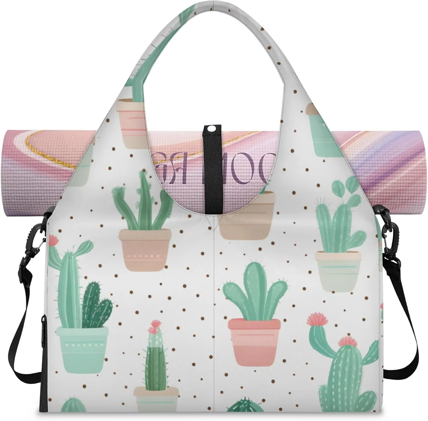 Gym Bag for Women Cactus Plants Duffel Bag with Shoe Compartment and Yoga Mat Holder Portable Weekender Bags Travel Tote Bags