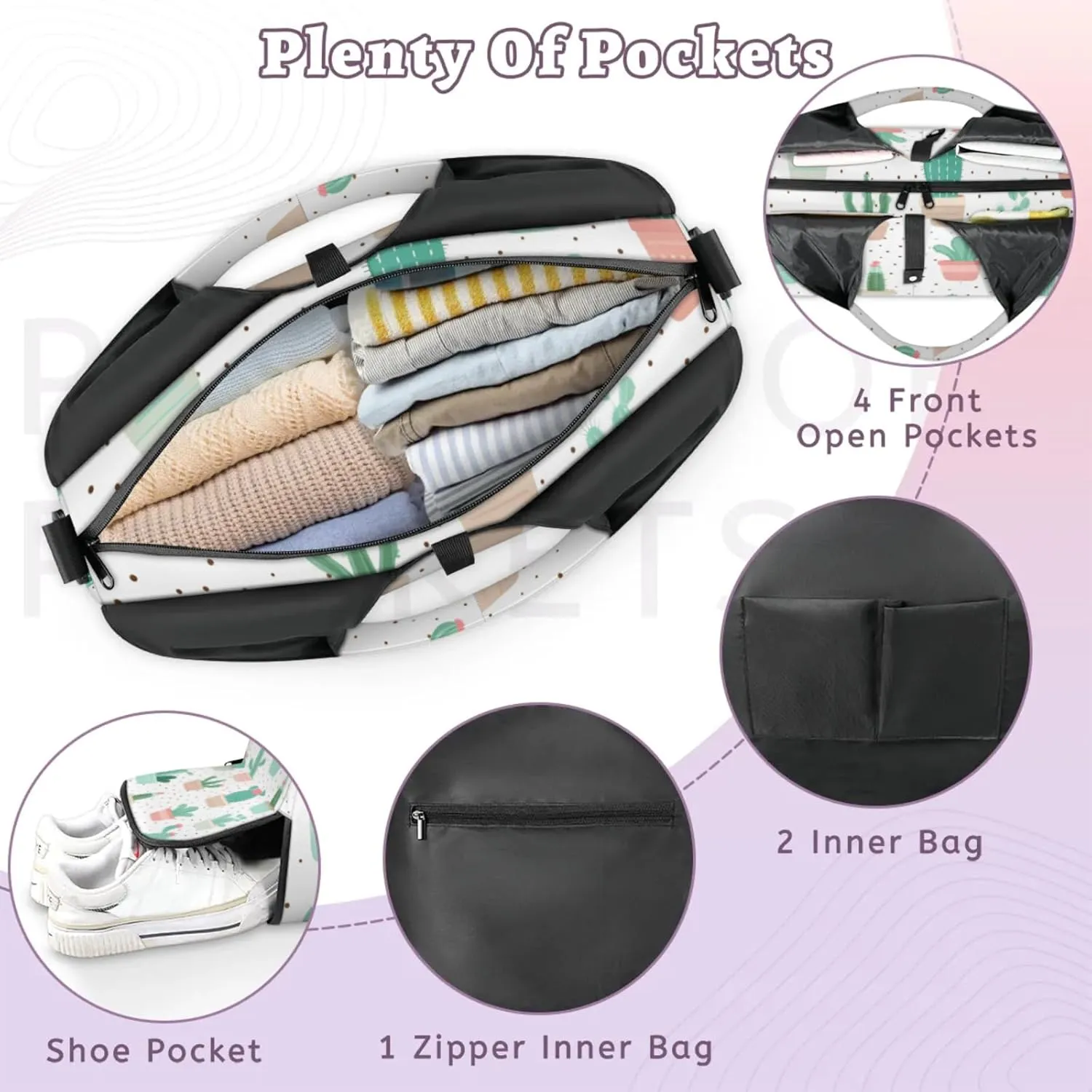 Gym Bag for Women Cactus Plants Duffel Bag with Shoe Compartment and Yoga Mat Holder Portable Weekender Bags Travel Tote Bags