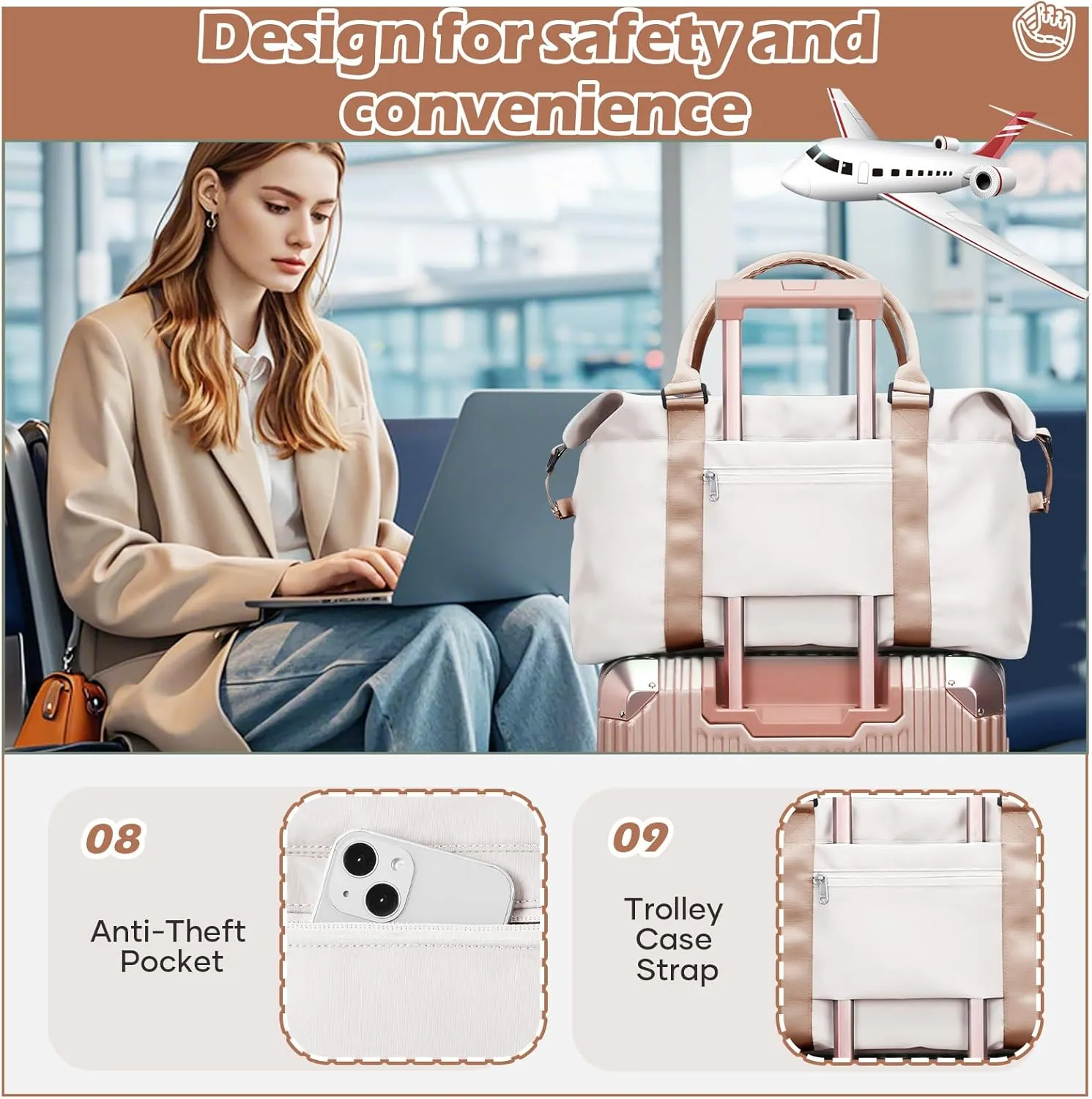 Gym Bag Womens Mens with Wet Pocket, Travel Duffel Bag for Plane, Sport Gym Tote Bags Swimming Yoga, Waterproof Weekend Overnight Carry on Bag Hospital Holdalls，Off White