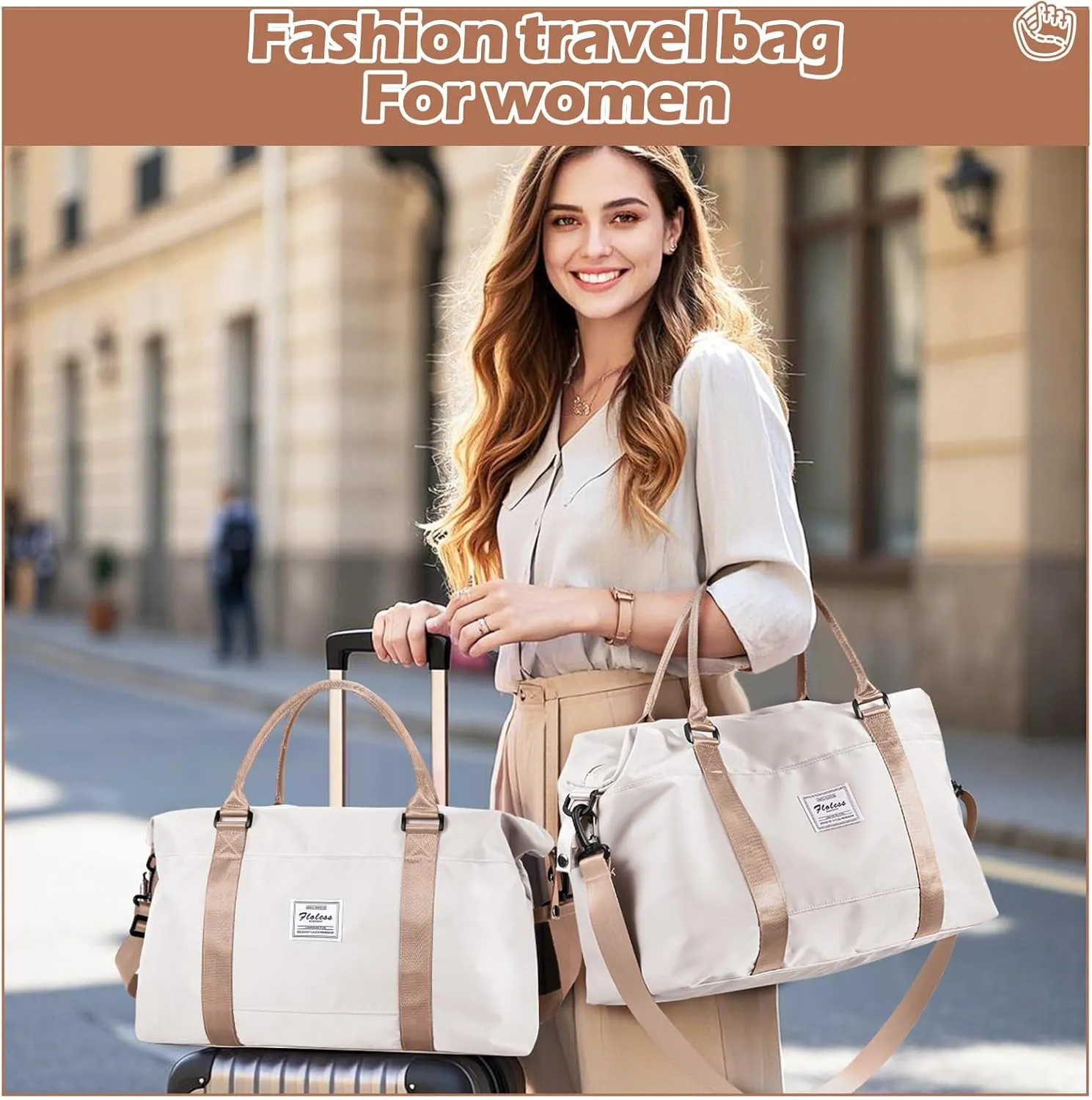 Gym Bag Womens Mens with Wet Pocket, Travel Duffel Bag for Plane, Sport Gym Tote Bags Swimming Yoga, Waterproof Weekend Overnight Carry on Bag Hospital Holdalls，Off White