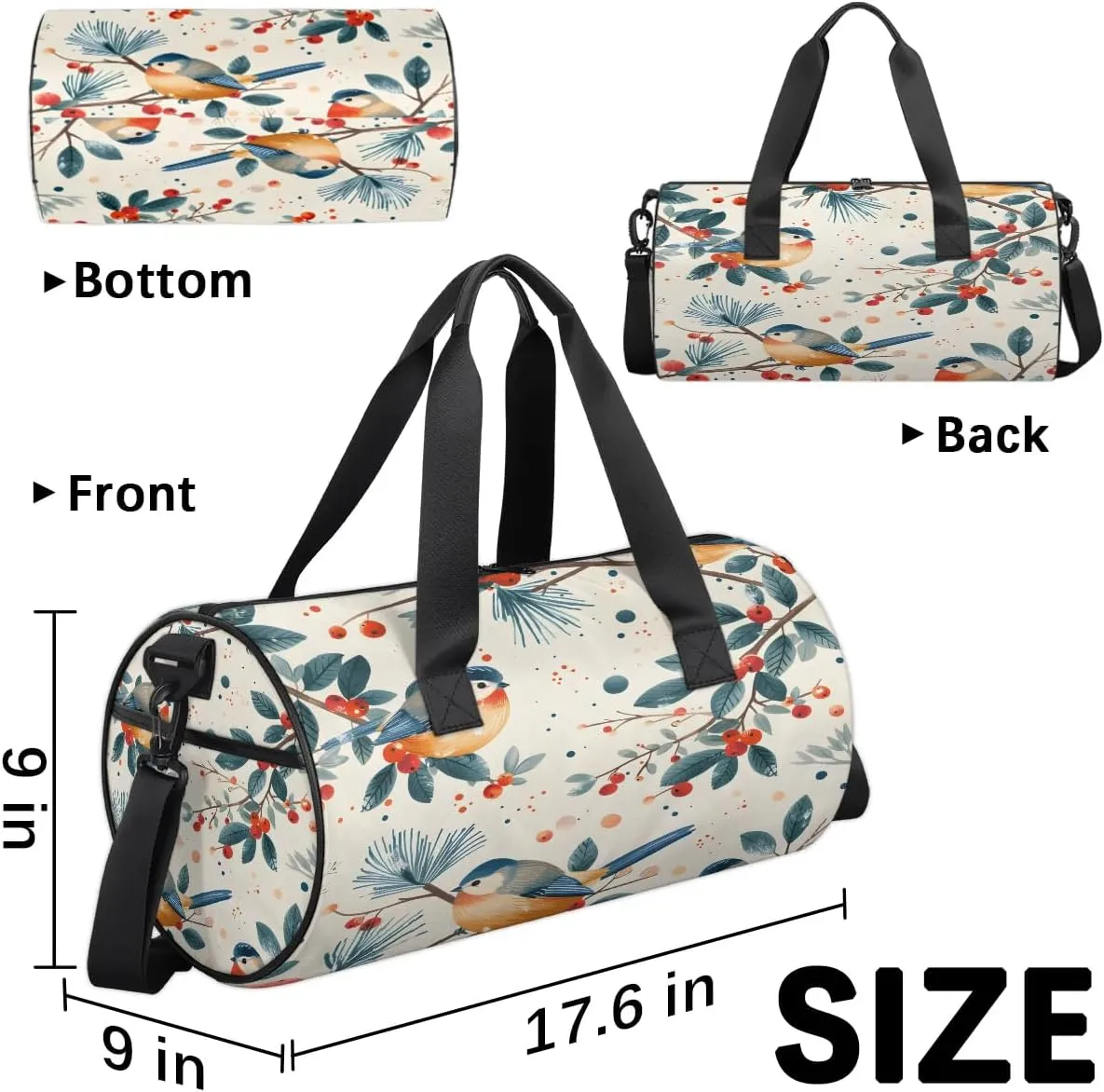 Gym Bags for Men Women Bird Berry Branch Sports Duffel Bags Carry On Travel Duffle Bag with Detachable Adjustable Shoulder Strap Overnight Weekender Bag