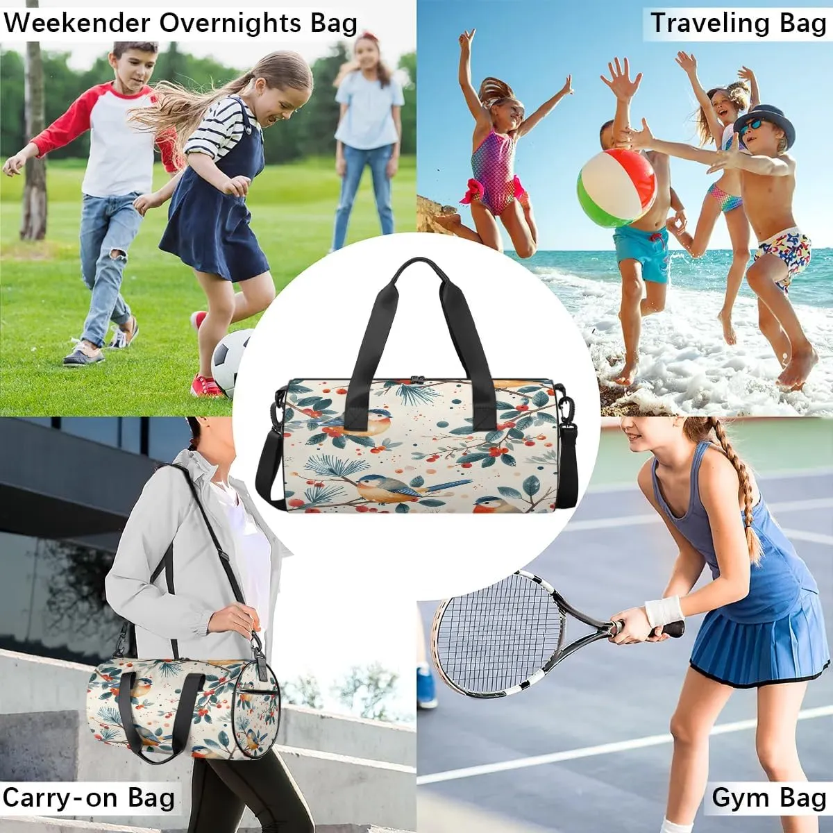 Gym Bags for Men Women Bird Berry Branch Sports Duffel Bags Carry On Travel Duffle Bag with Detachable Adjustable Shoulder Strap Overnight Weekender Bag
