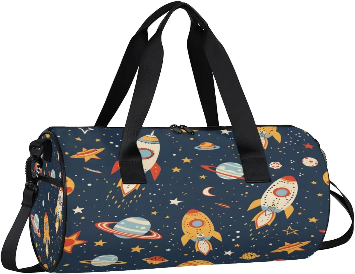 Gym Bags for Men Women Cartoon Rockets Planets Sports Duffel Bags Carry On Travel Duffle Bag with Detachable Adjustable Shoulder Strap Overnight Weekender Bag