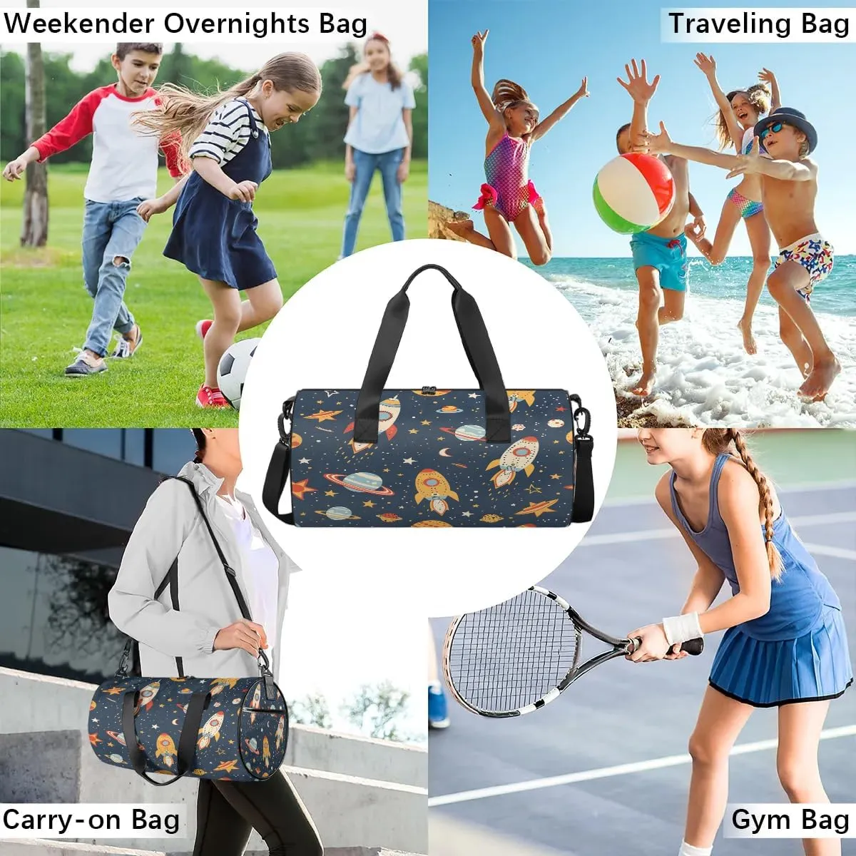 Gym Bags for Men Women Cartoon Rockets Planets Sports Duffel Bags Carry On Travel Duffle Bag with Detachable Adjustable Shoulder Strap Overnight Weekender Bag