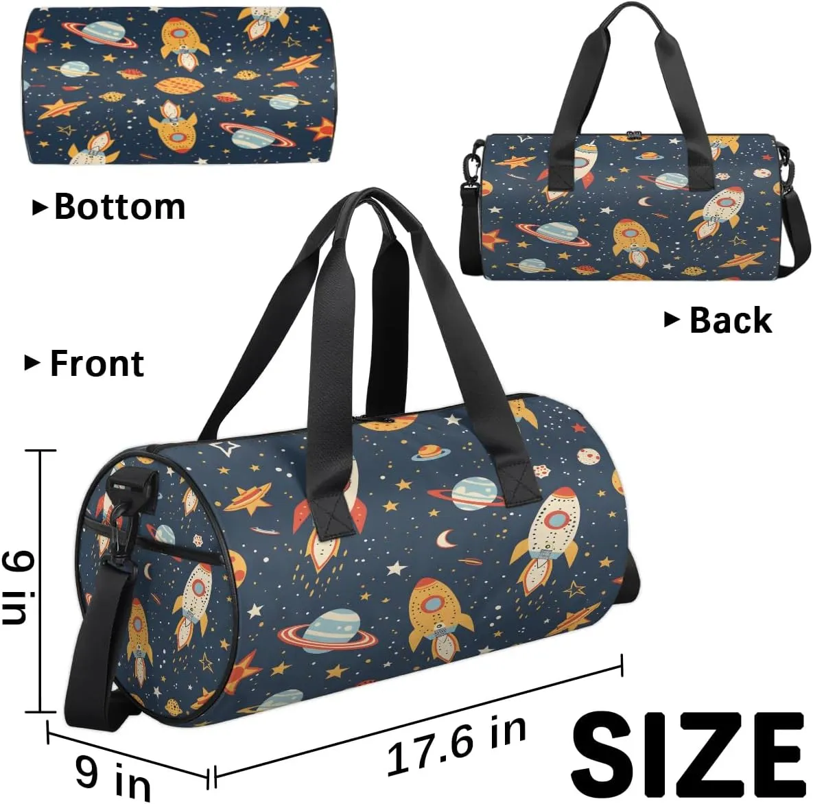 Gym Bags for Men Women Cartoon Rockets Planets Sports Duffel Bags Carry On Travel Duffle Bag with Detachable Adjustable Shoulder Strap Overnight Weekender Bag