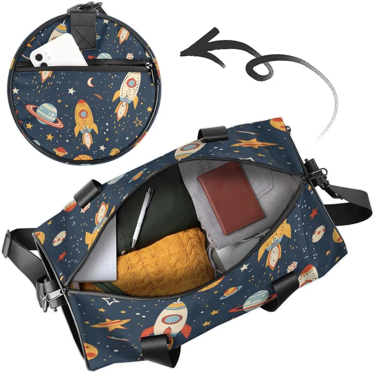 Gym Bags for Men Women Cartoon Rockets Planets Sports Duffel Bags Carry On Travel Duffle Bag with Detachable Adjustable Shoulder Strap Overnight Weekender Bag