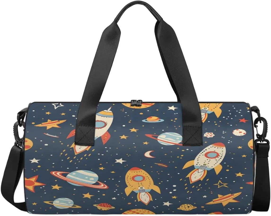 Gym Bags for Men Women Cartoon Rockets Planets Sports Duffel Bags Carry On Travel Duffle Bag with Detachable Adjustable Shoulder Strap Overnight Weekender Bag