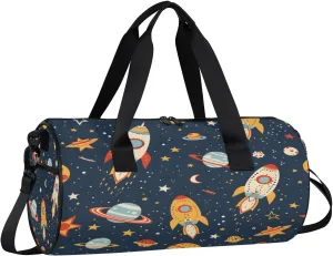 Gym Bags for Men Women Cartoon Rockets Planets Sports Duffel Bags Carry On Travel Duffle Bag with Detachable Adjustable Shoulder Strap Overnight Weekender Bag