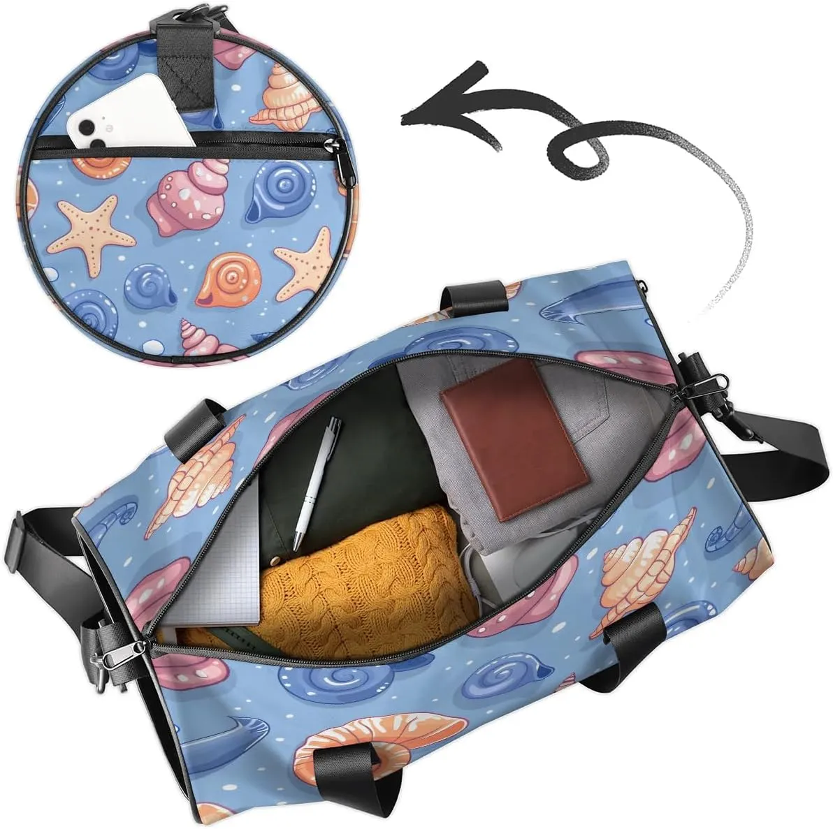 Gym Bags for Men Women Cute Starfish Conch Sports Duffel Bags Carry On Travel Duffle Bag with Detachable Adjustable Shoulder Strap Overnight Weekender Bag