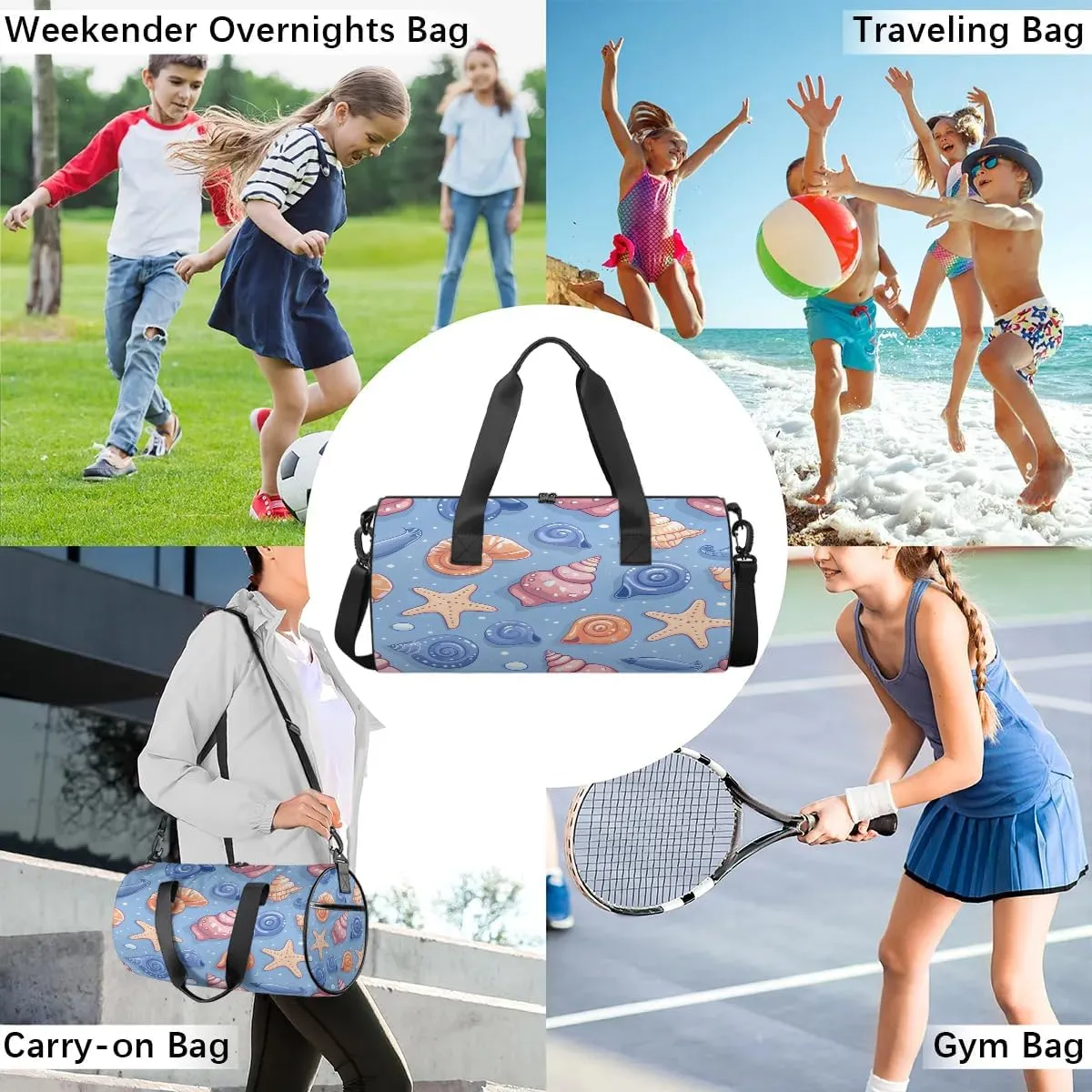 Gym Bags for Men Women Cute Starfish Conch Sports Duffel Bags Carry On Travel Duffle Bag with Detachable Adjustable Shoulder Strap Overnight Weekender Bag