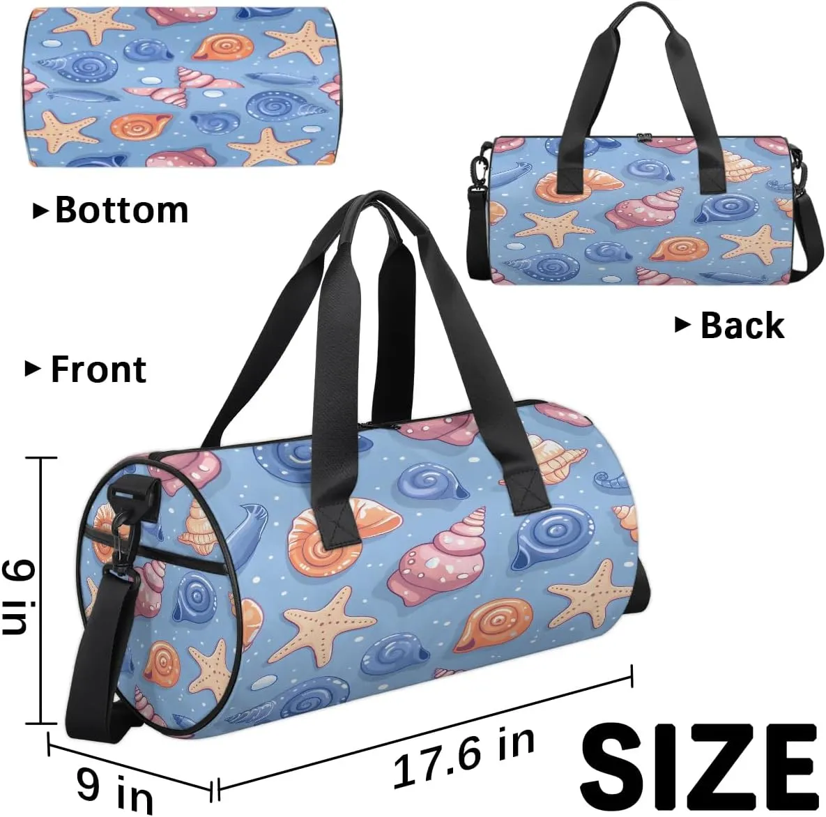 Gym Bags for Men Women Cute Starfish Conch Sports Duffel Bags Carry On Travel Duffle Bag with Detachable Adjustable Shoulder Strap Overnight Weekender Bag