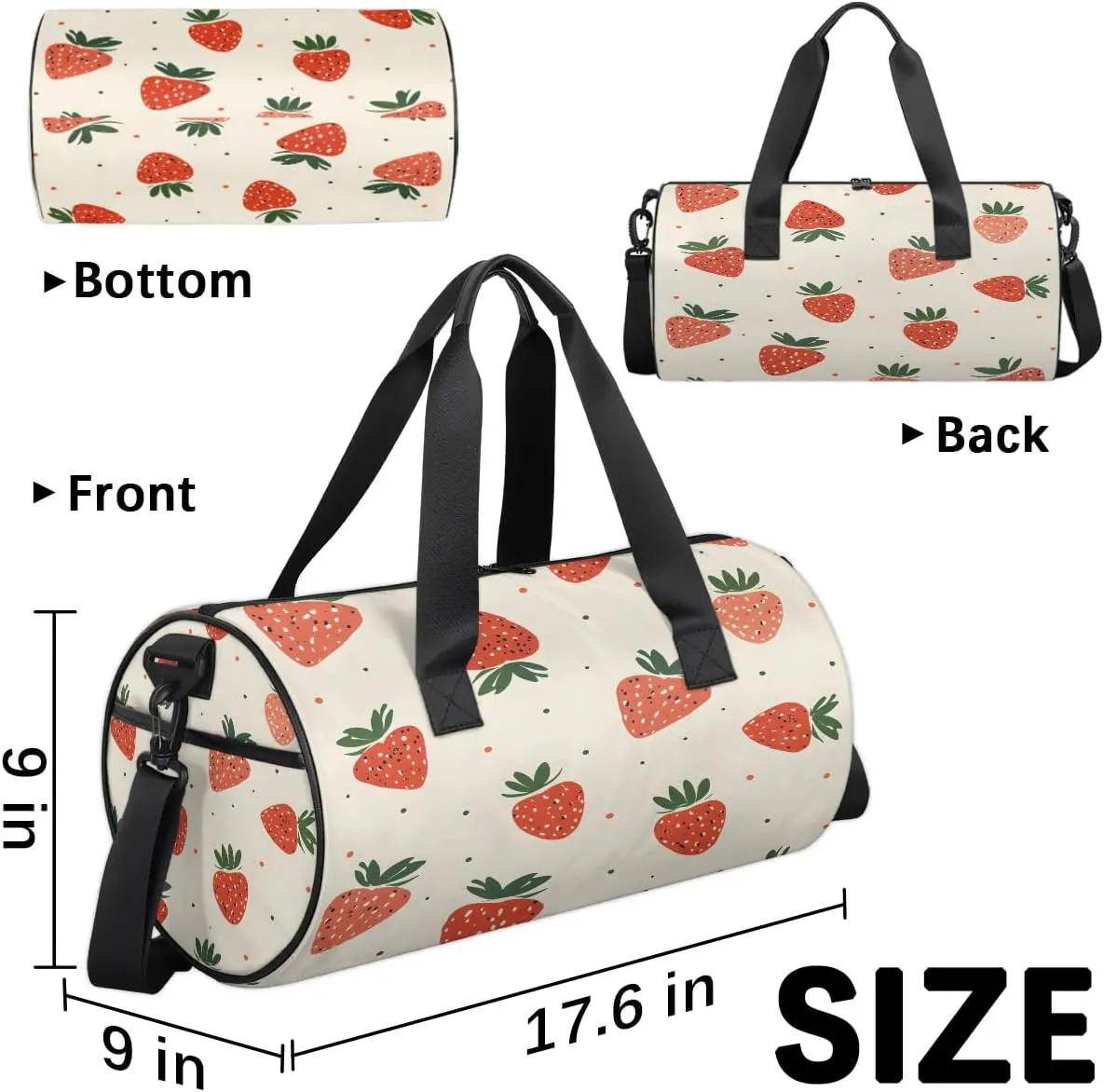 Gym Bags for Men Women Cute Strawberry Print Sports Duffel Bags Carry On Travel Duffle Bag with Detachable Adjustable Shoulder Strap Overnight Weekender Bag