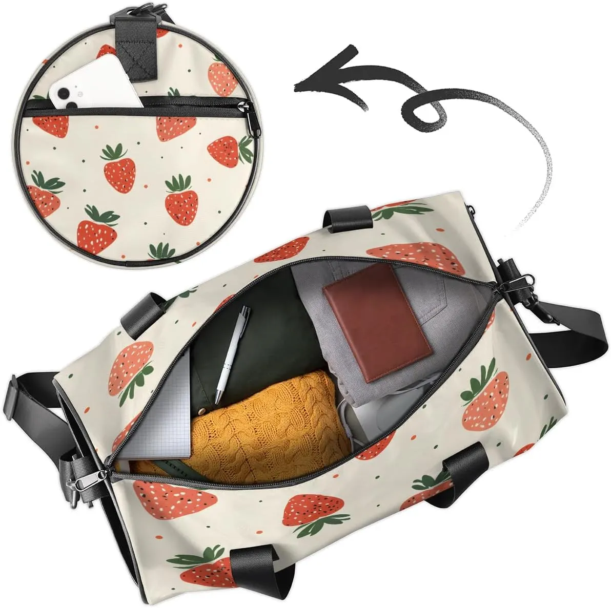 Gym Bags for Men Women Cute Strawberry Print Sports Duffel Bags Carry On Travel Duffle Bag with Detachable Adjustable Shoulder Strap Overnight Weekender Bag