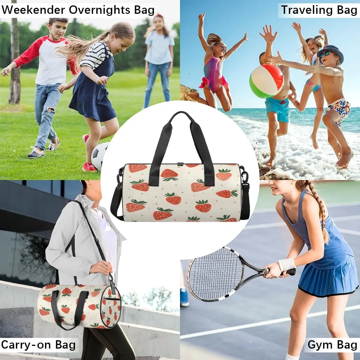Gym Bags for Men Women Cute Strawberry Print Sports Duffel Bags Carry On Travel Duffle Bag with Detachable Adjustable Shoulder Strap Overnight Weekender Bag